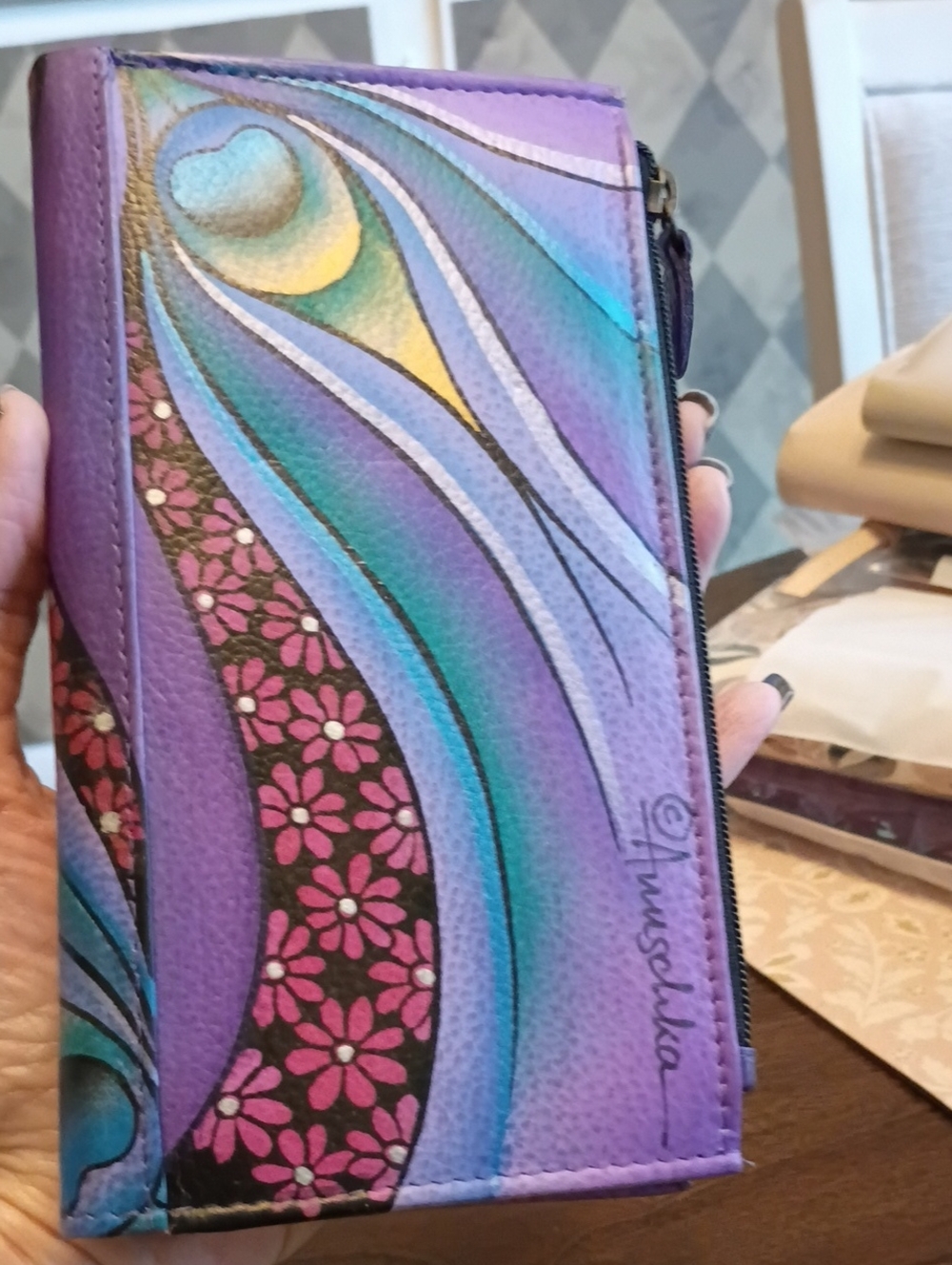 ANUSCHKA leather peacock floral painted wallet - Picture 15 of 16